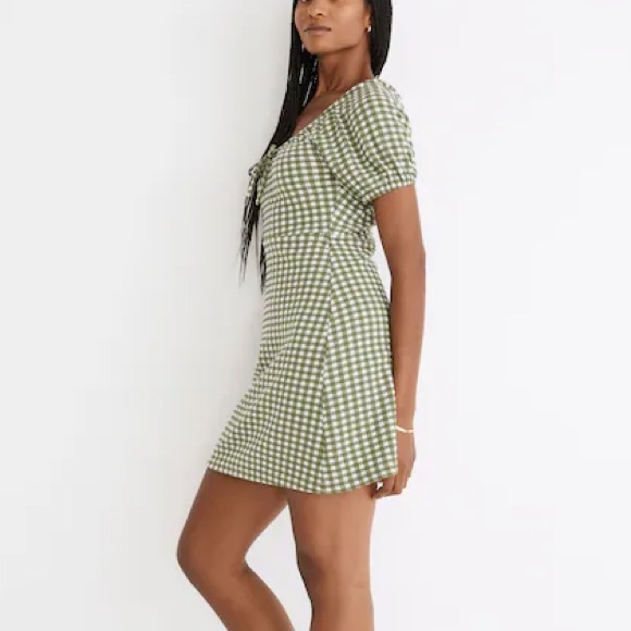 Madewell | Jacquard Puff-Sleeve Mini Sun Dress in Gingham Check Print Green NEW - Picture 2 of 9
